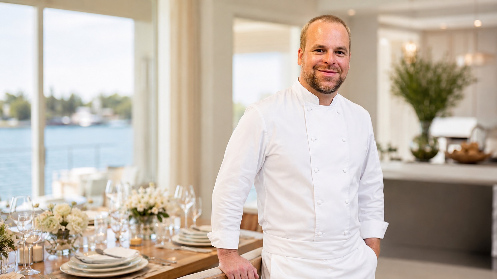Chef Mark Lorenz hosting a private waterfront dinner in Naples, Florida